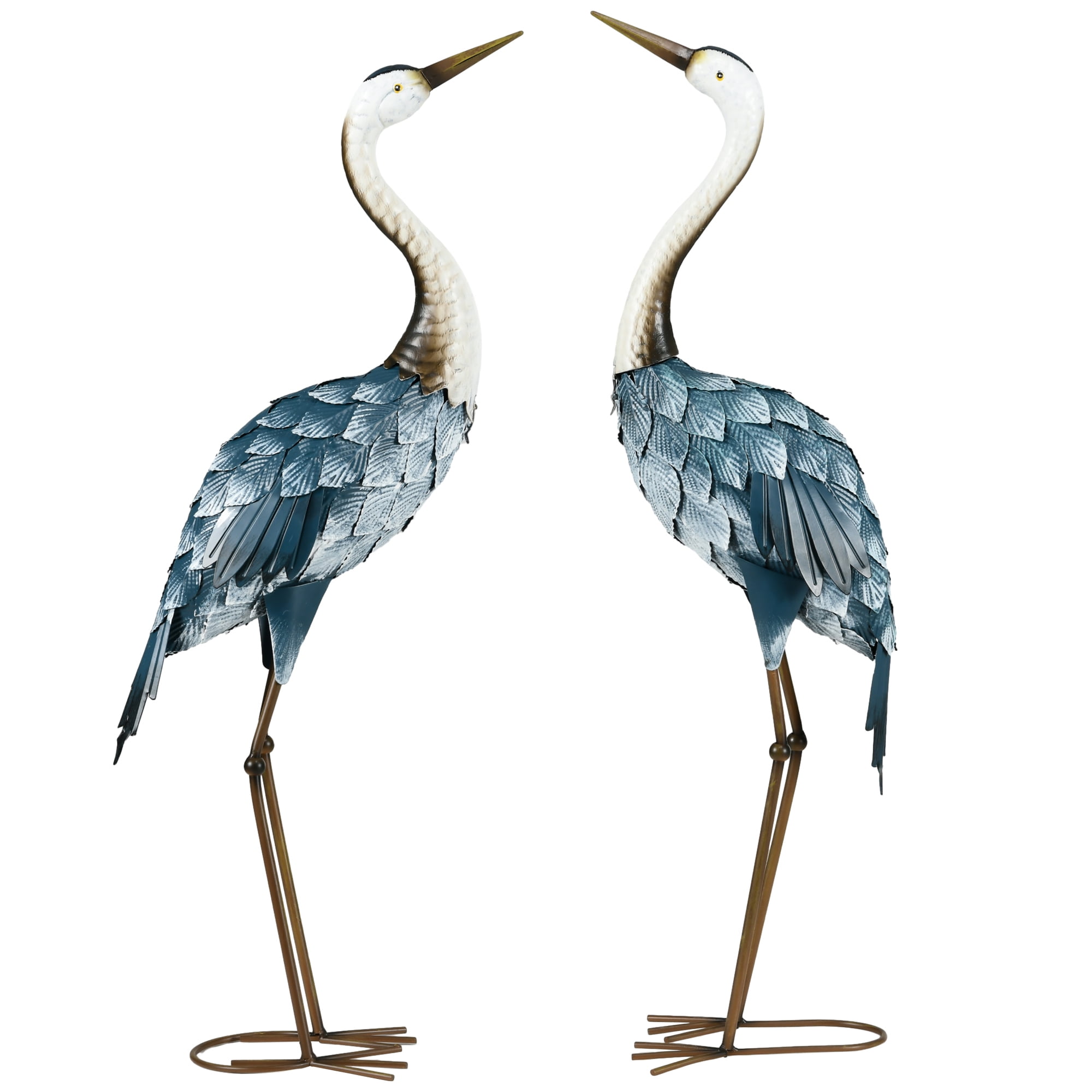 Outsunny Crane Garden Statues, 28.5" & 29" Standing Bird Sculptures, Metal Yard Art Decor, Landscape Decoration Set of 2, Blue