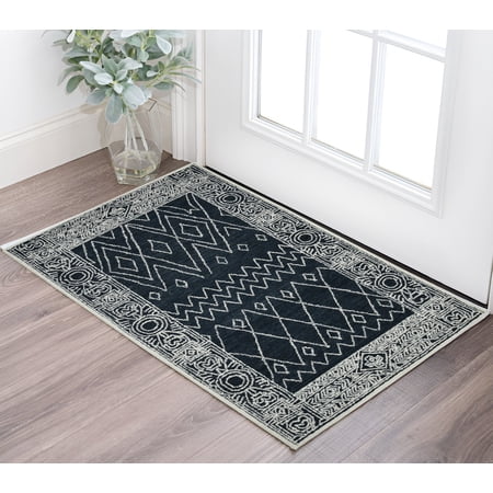 2' X 3' Charcoal And Ivory Wool Southwestern Hand Hooked Area Rug