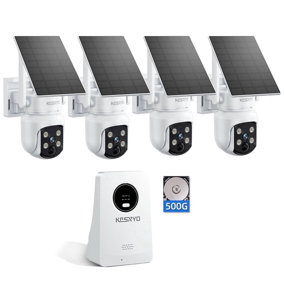 Solar Security Cameras Wireless Outdoor, 4MP Solar Powered Home Security Cameras System, 4 Cam kit, Color Night Vision, 360° PTZ, 500G HDD Local Recording, No Monthly Fees