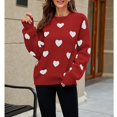 thumbnail image 2 of Suéter de Manga Larga Patrón de Jacquard de Corazón Puño Elástico Suelto Cómodo Estilo Casual Jersey de Cuello Redondo Prendas de Punto para Diario Rojo L, 2 of 8
