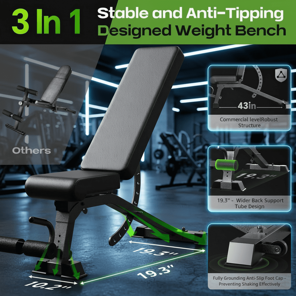 USLIM Adjustable Strength Training Bench, Flat Incline Decline Design, 12 Backrest Positions, 4 Seat Adjustments, 1200 lb Capacity
