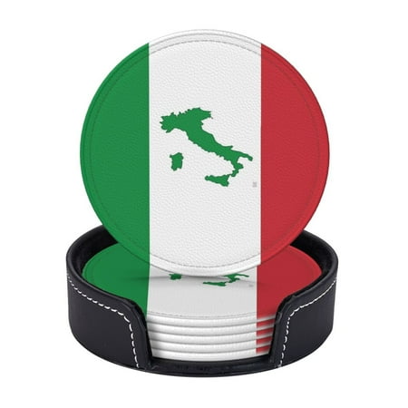 

Map Of Italy - Italian Flag Coasters With Leather Holder Set Of 6 Round Coasters for Home and Kitchen Decor