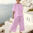 thumbnail image 5 of Cutuoiiu Womens Two Piece Outfit Solid Color Round Neck Short Sleeve Top and Wide Leg Pants Set for Daily Wear Gift, 5 of 9