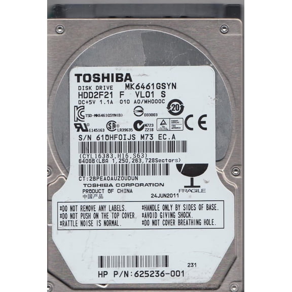 MK6461GSYN, A0/MH000C, HDD2F21 F VL01 S, Toshiba 640GB SATA 2.5 Hard Drive