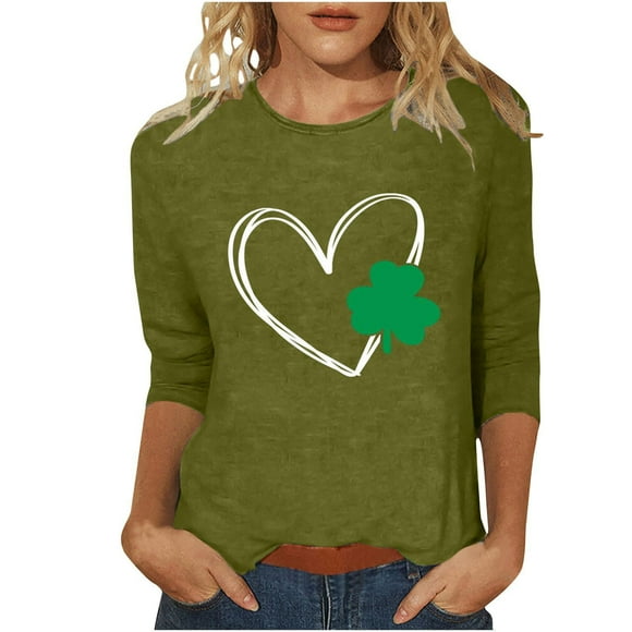 Pxiakgy Hot Sale St. Patrick's Day Shirts for Women 3/4 Sleeve Round Neck Cute Tunic Tops Basic Tees Green Lucky Shamrock Tee Top Spring and Autumn St. Day Printed Seven Point T Shirt for Women