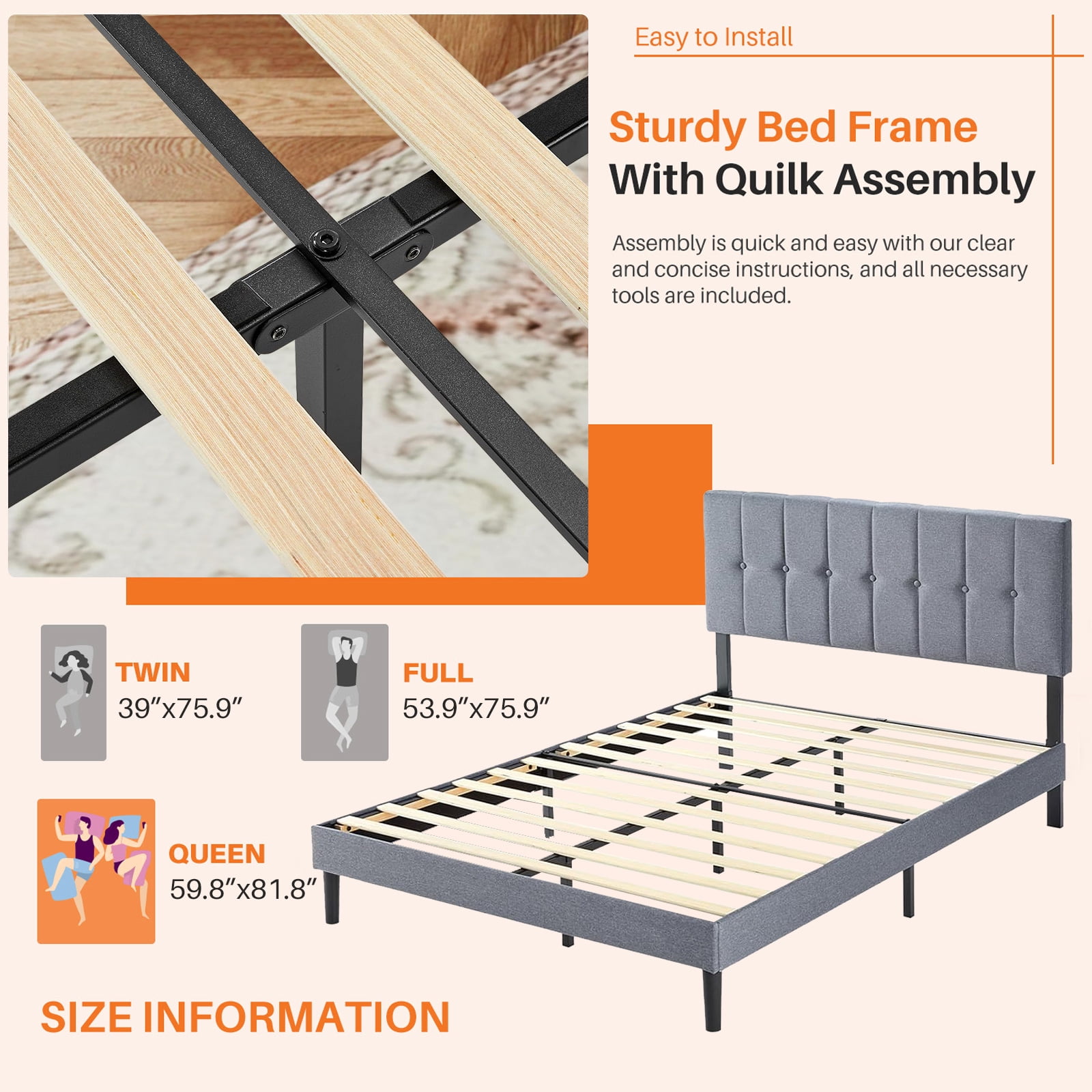 Queen Bed Frames with Headboard, Upholstered Platform Bed with Wood Slats 800 lbs Support , Noise Free, No Box Spring Needed, Gray