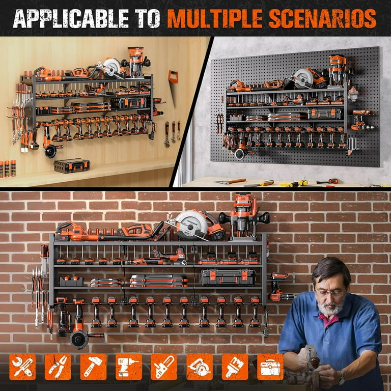 SHOMEXTOL 50-Inch Heavy Duty Tool Organizer Wall Mount - 4 Tier Rack With 14 Drill Holders, 450 Lb Capacity-833468