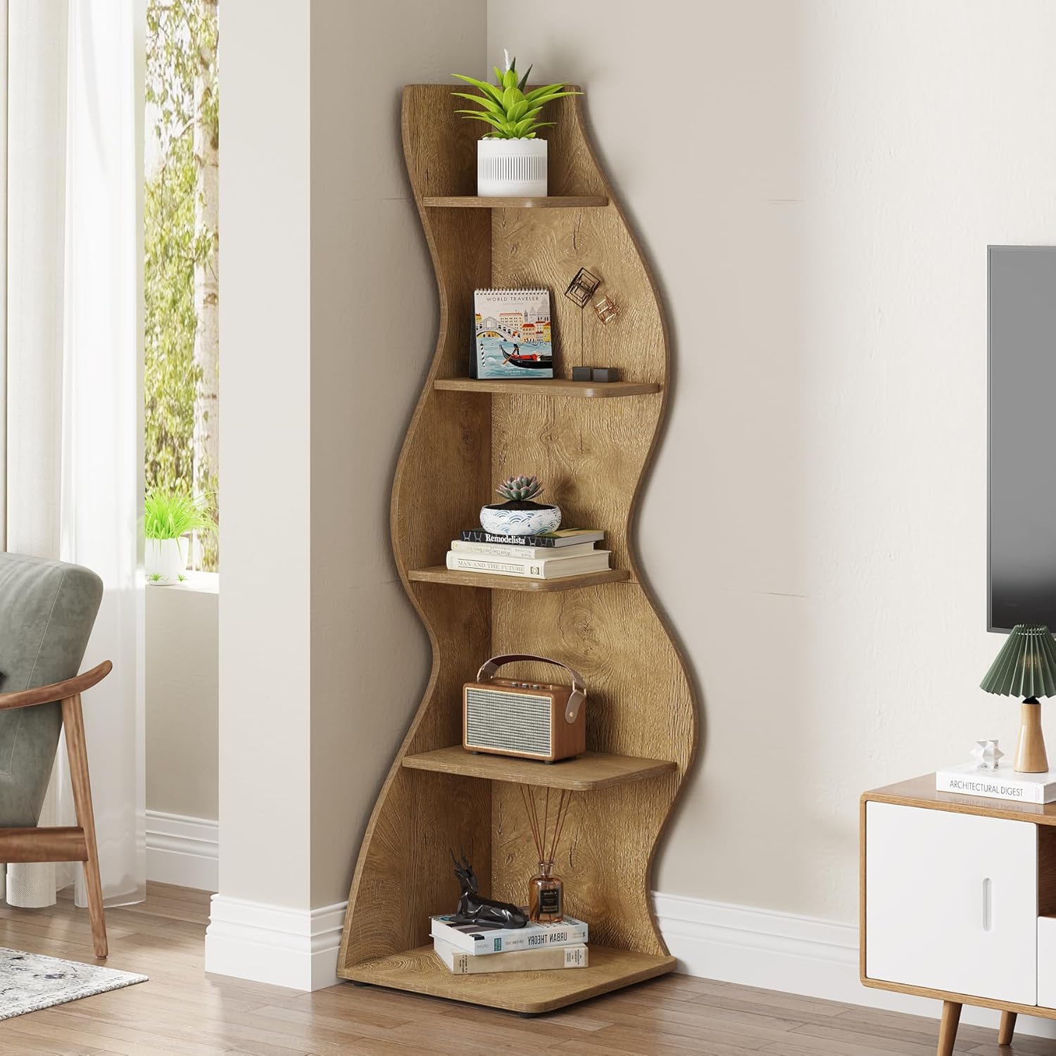Tribesigns Modern Corner Shelf, 5-Tier Wall Corner Bookshelf, Small Bookcase Storage Rack for Living Room, Home Office (Light Brown)