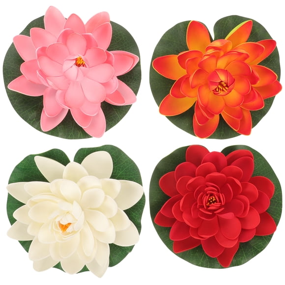 EeaseMX Adornos de decoración para pecera, estanque de flores de loto de plástico, lirio de agua flotante de simulación de 17CM, 4 Uds. (blanco + naranja + rosa)