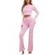 thumbnail image 2 of Conjuntos de lounge para mujeres INSPIRE CHIC, top corto de manga larga, pantalones de campana con pliegue, pijama casual de 2 piezas, XS, rosa, 2 of 6