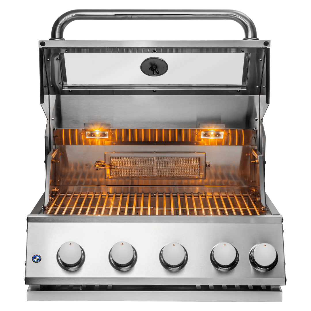 Chaleur Grill, Built in Gas Grill 28" Glass View 4-Burner Propane/Natural Gas with Rear Infrared Burner & Lights, 50,000 BTU, Stainless Steel