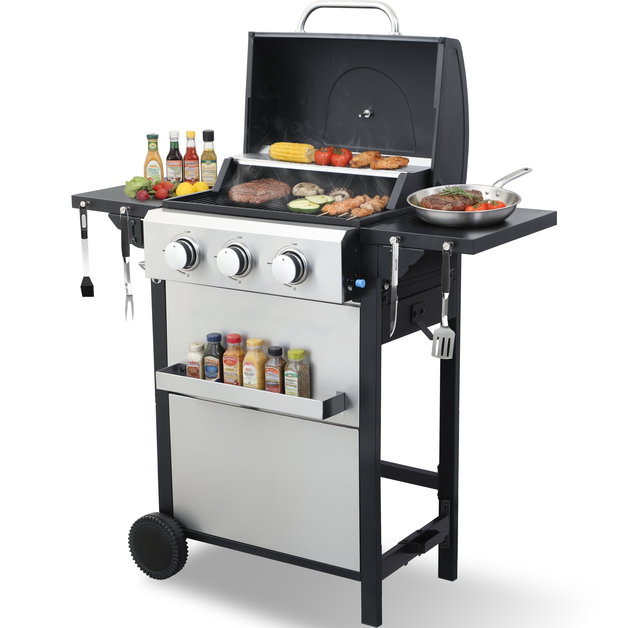 CIG GARDEN 3-Burner Propane Gas Grill with Folding Side Tables, Full-Size Grease Tray, and Removable Grease Cup