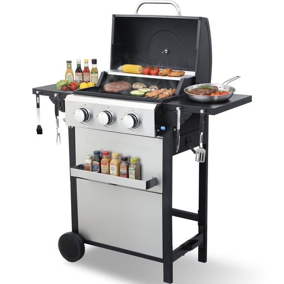 CIG GARDEN 3-Burner Propane Gas Grill with Folding Side Tables, Full-Size Grease Tray, and Removable Grease Cup