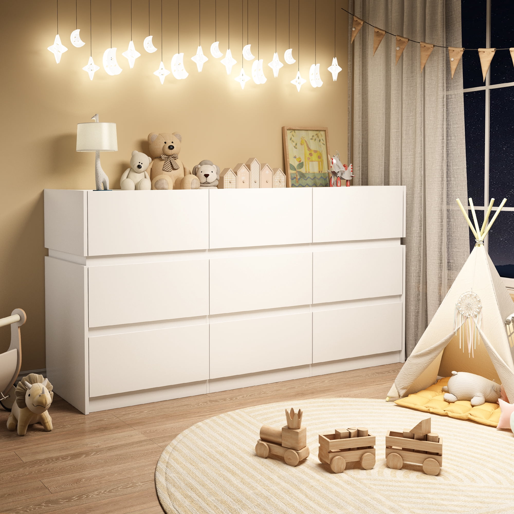 HAUXITIO 9 Drawer Dresser Chest with Charging Station and LED Lights for Bedroom, Modern TV Stand Cabinet, White