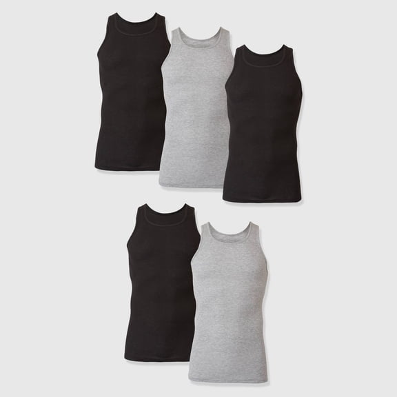 Hanes Premium Men's Comfort Tank Top Undershirt 5pk - Black/Gray L: Tagless, Moisture Wicking