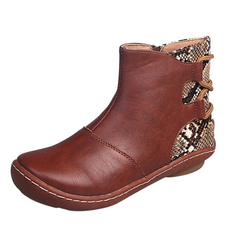

Boots for Women Retro Women Leather Flat Lace-Up Serpentine Print Short Booties Round Toe Shoes