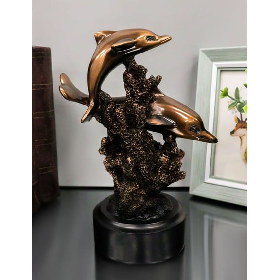 Gay Dolphins Swimming By Ocean Coral Reef Electroplated Bronze Resin Figurine