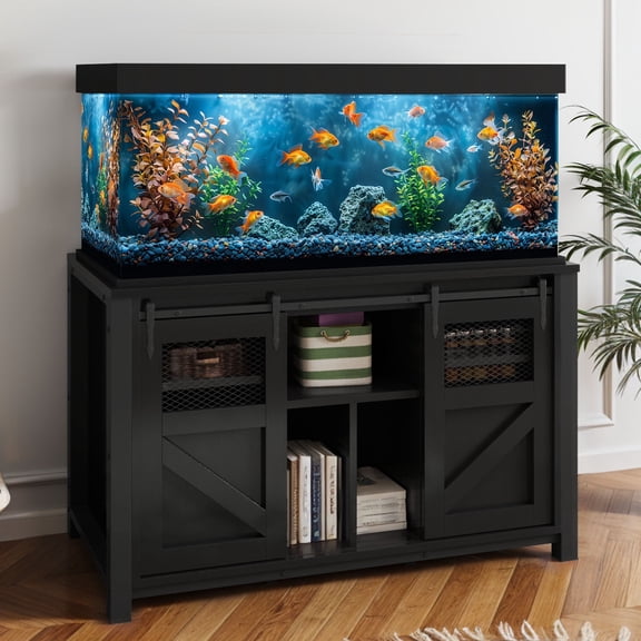 Dextrus 120 gal Fish Metal Tank Stand with Storage, 1100 lbs Capacity, Power Outlets, Barn Door, Black