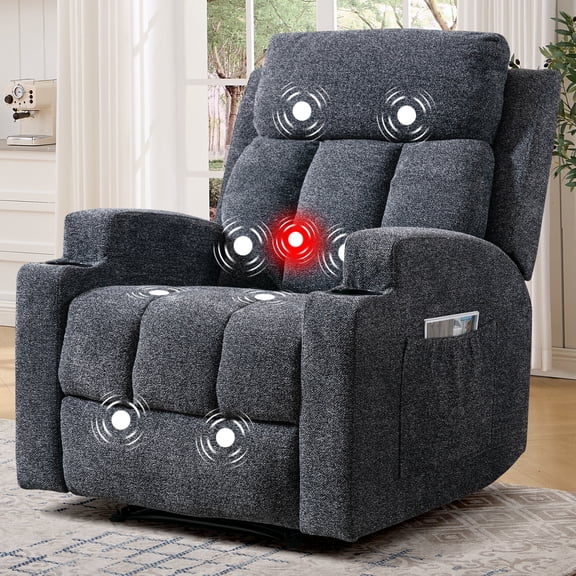 ZOY HOME Manual Recliner, Soft Fabric Overstuffed Recliner Chair with Heat & Massage, Cup Holders, Side Pocket for Living Room, Dark Gray