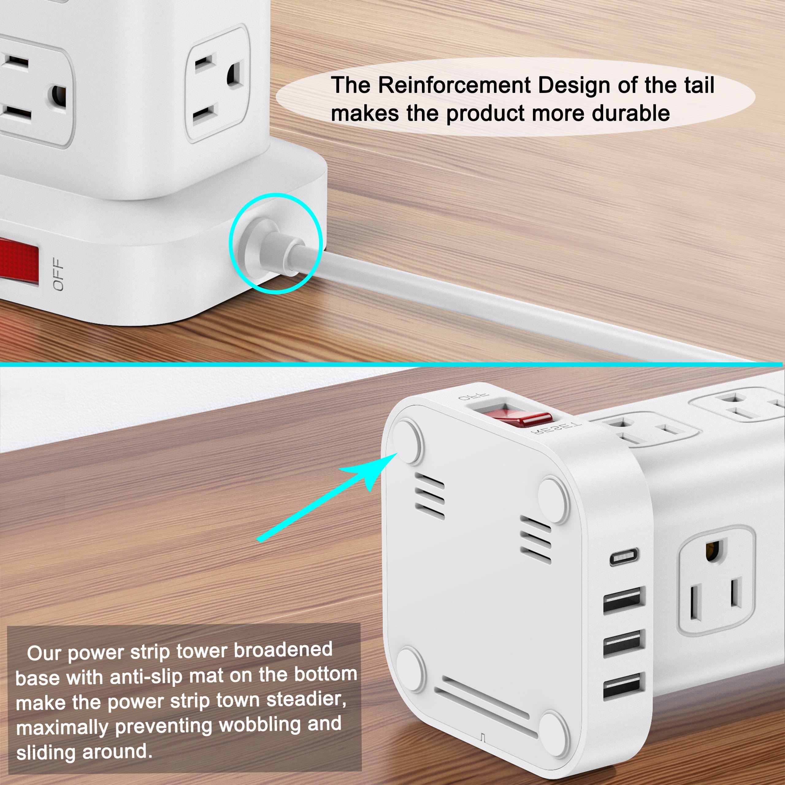 Power Strip Tower 12 Outlets with 4 USB Ports Surge Protector Electric Charging Station 6.5ft Cord, White