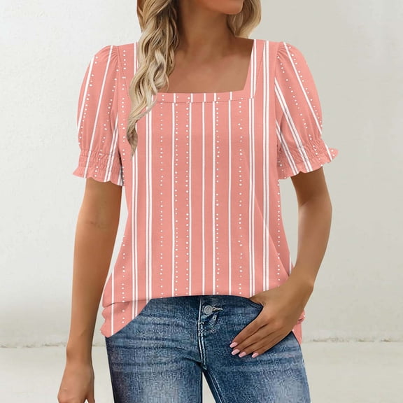 Fznquz Womens Spring Tops Dressy Work Striped Blouses Puff Sleeve Pink Round Neck 2025 Casual Ladies Summer Tops