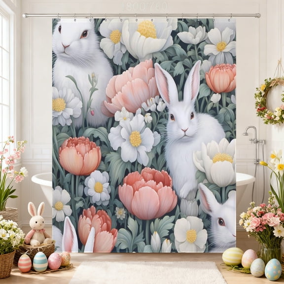 Taotanxi Easter Bunnies Shower Curtain, Retro Florals Rabbit Easter Colorful Eggs Shower Curtain for Bathroom Decor, Vintage Polyester Shower Curtain for Ki-ds Adults with Hooks 70x90Inch