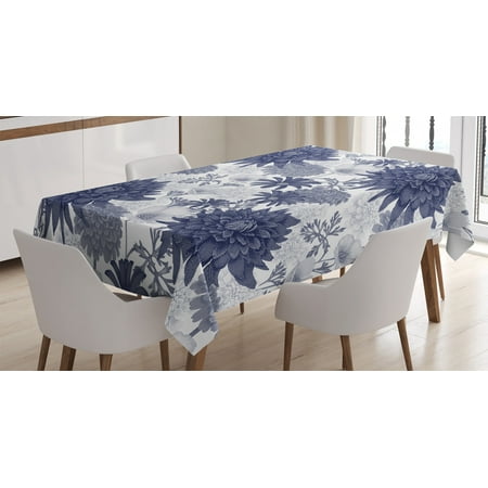 

Dahlia Flower Decor Tablecloth Dotted Digital Paint of Dahlias Botanical Curved Rolled Wild Ray Blunts Rectangular Table Cover for Dining Room Kitchen 60 X 84 Inches Blue White by Ambesonne