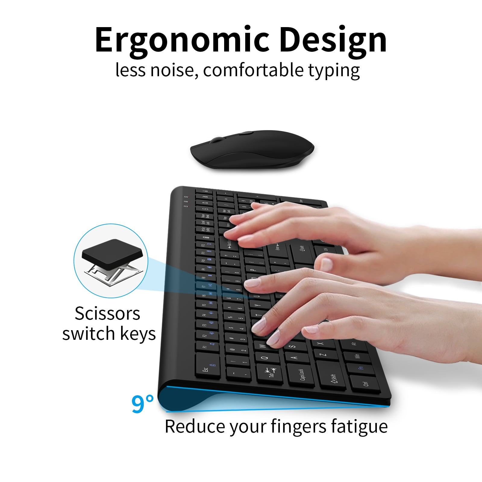 Wireless Keyboard and Mouse Combo, Silent Full-Size Computer Keyboard with Calculator Button, 2400 DPI Mice, Quiet Click, Slim Cordless USB Set for Laptop PC Windows Mac - Black