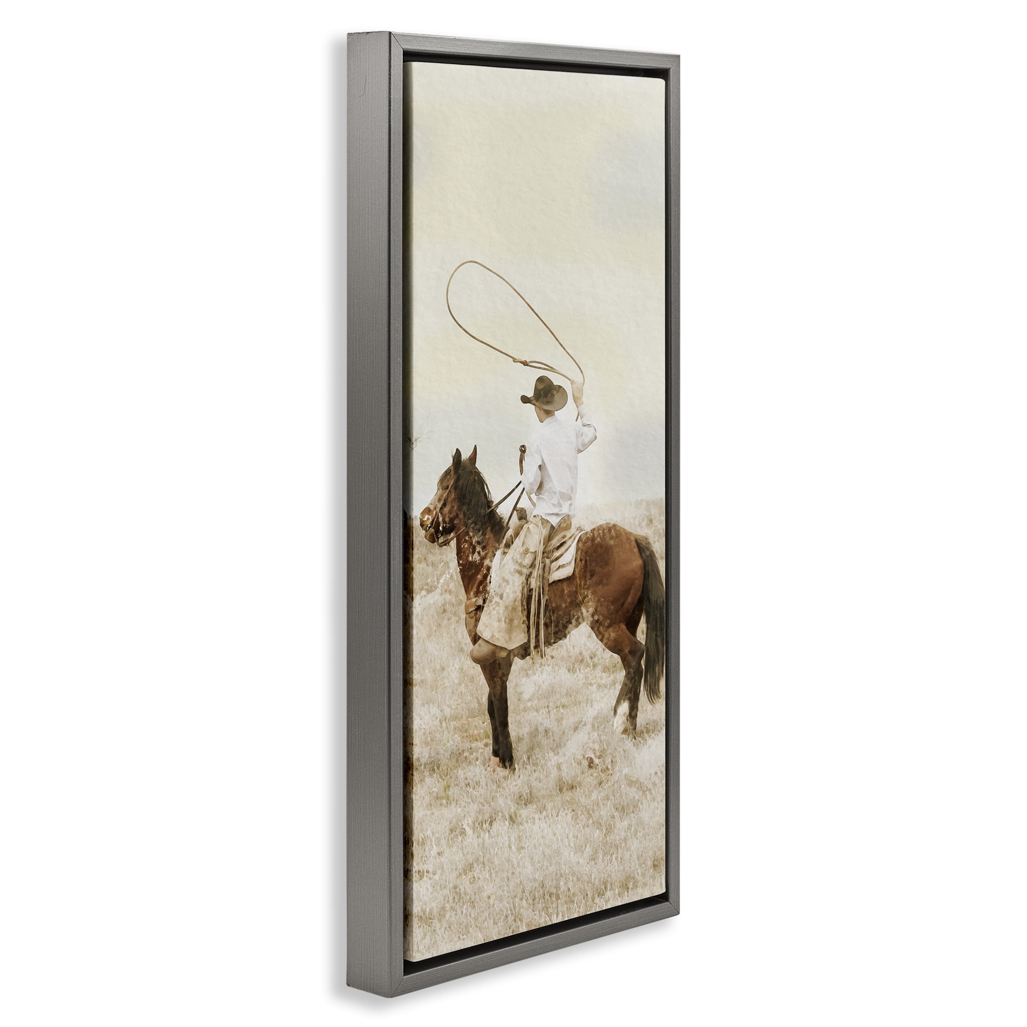 Stupell Industries Wrangling Cowboy Lasso Gray Framed Floater Canvas Wall Art, design by Marcus Prime