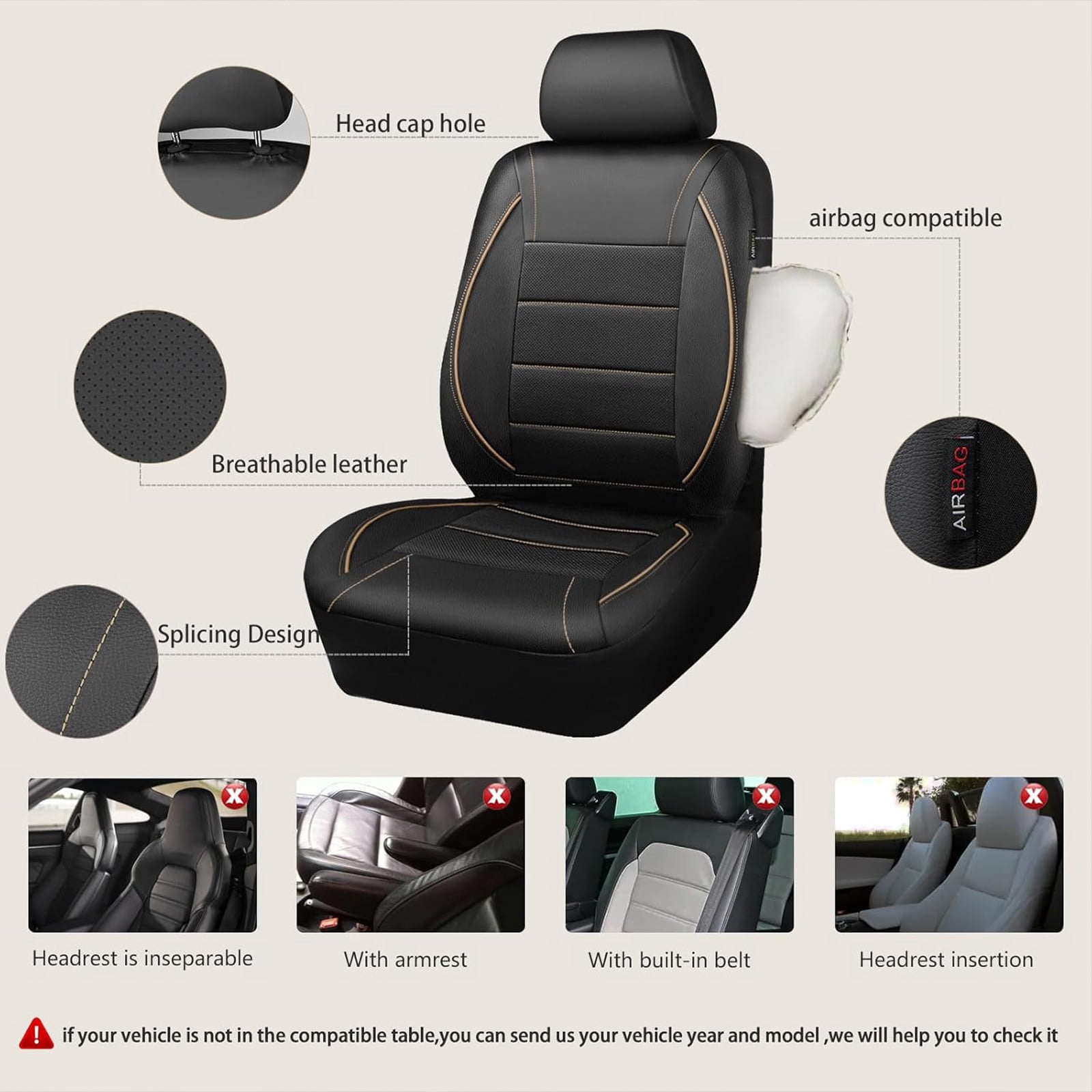 CAR GRAND Faux Leather car seat covers breathable universal fit airbag compatible car, SUV, truck and van