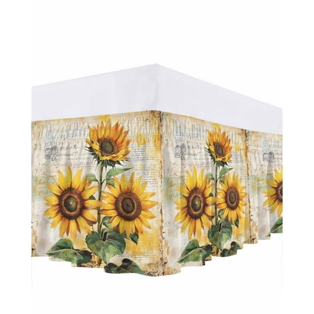 Sunflower Bed Skirt Queen Size 16" Drop Vintage Flower Watercolor Retro Text Texture Ruffled Wrap Around Bed Skirts Adjustable Elastic Bedskirt Dust Ruffle for Queen Size Bed