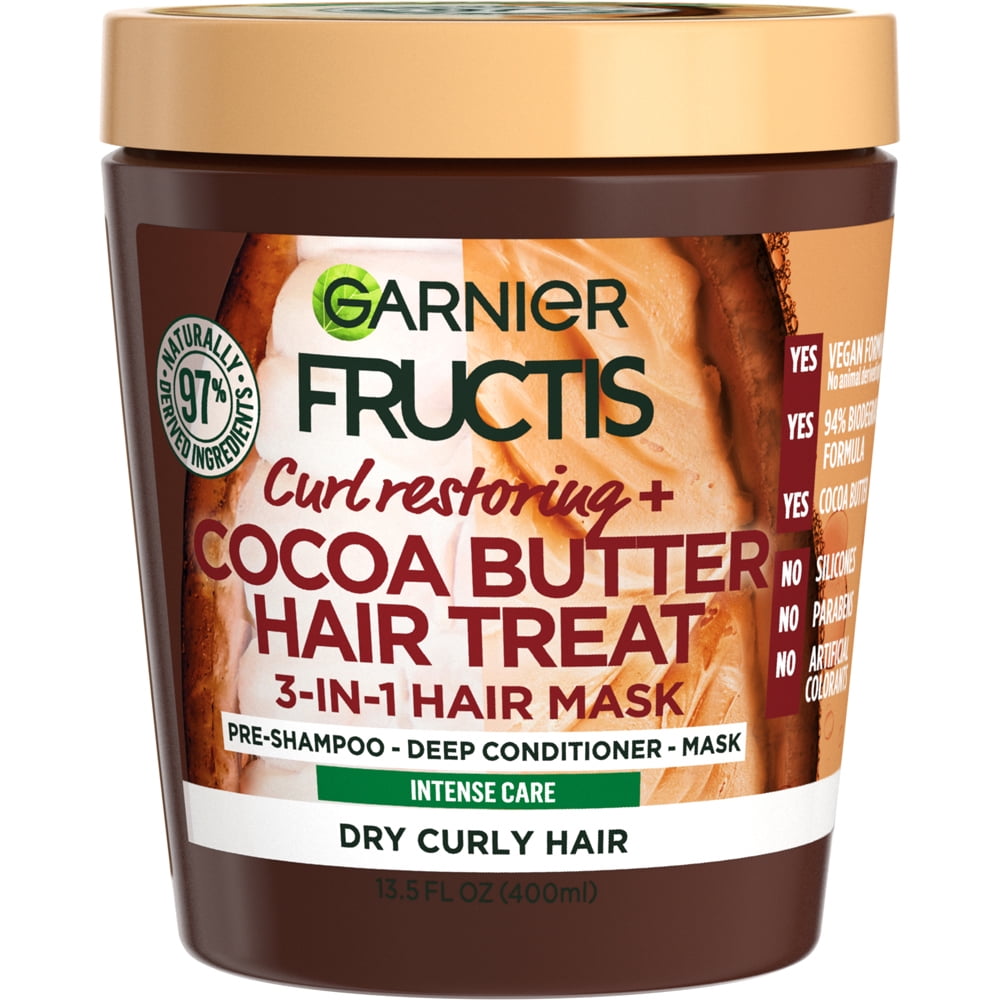 Garnier Fructis Curl Restoring Cocoa Butter Hair-Treat Nourishing 3-in-1 Hair Mask, 13.5 fl oz