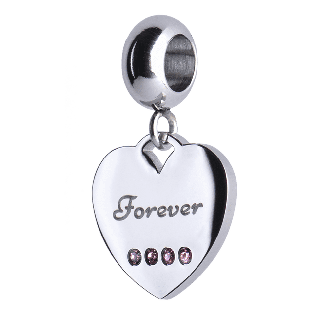 Charm para Pulsera LuckyLy, Dije de Corazón, Acero Inoxidable y Zirconia Cúbica, Modelo Forever plateado UNITALLA