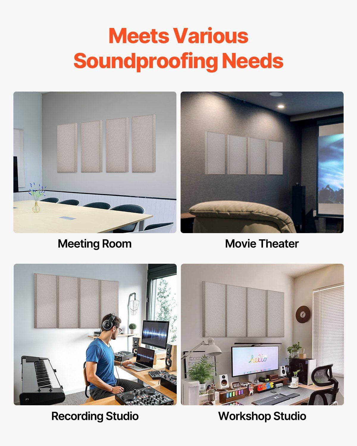 4 Pack 2 Inch Thick 23.6x11.8 Inch Fiberglass Acoustic Sound Absorbing Panels Self Adhesive Soundproof Wall Boards for Studio Office Home Theater Meeting Room Camel Color
