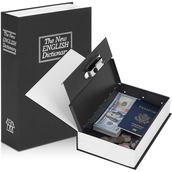 Diversion Book Safe with Combination Lock,  Safe Metal Lock Box,  Storage Collection Box, 9.5" x 6.2" x 2.2" Black Large