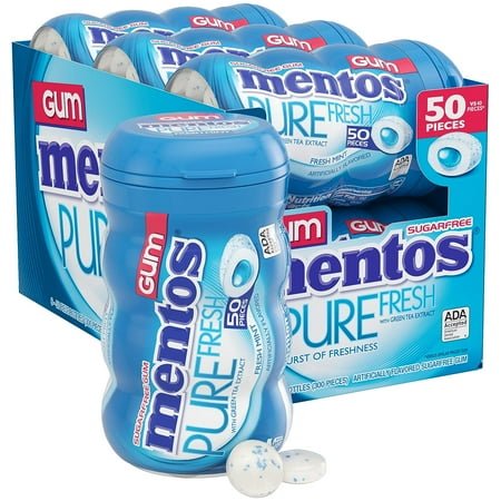 Mentos Pure Fresh Gum Fresh Mint 50 Piece Curvy Bottle - Pack of 6
