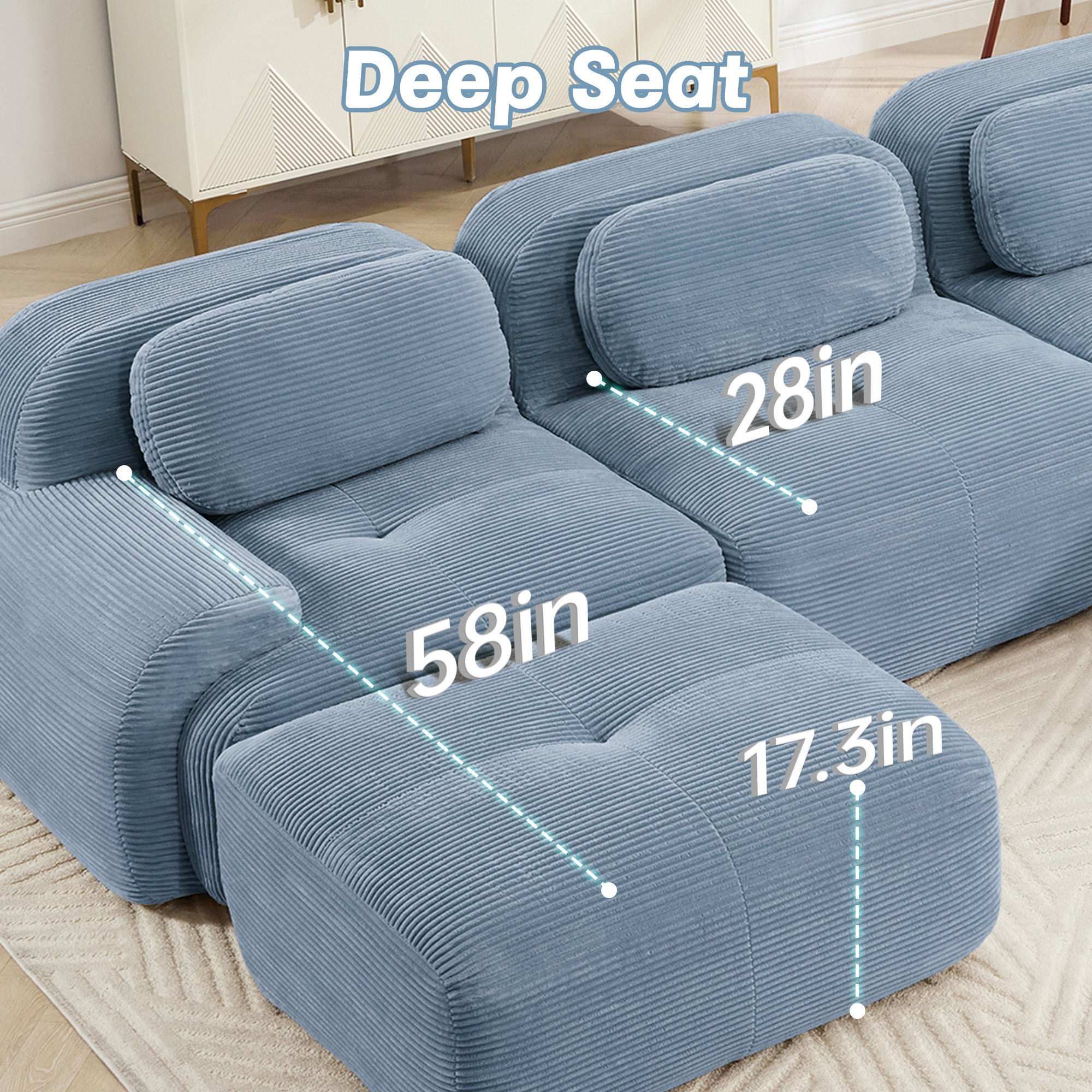 Aukfa 117" Modular Sectional Sofa Overstuffed Boneless Couch, 3Pillows, No Assembly, Corduroy, Blue