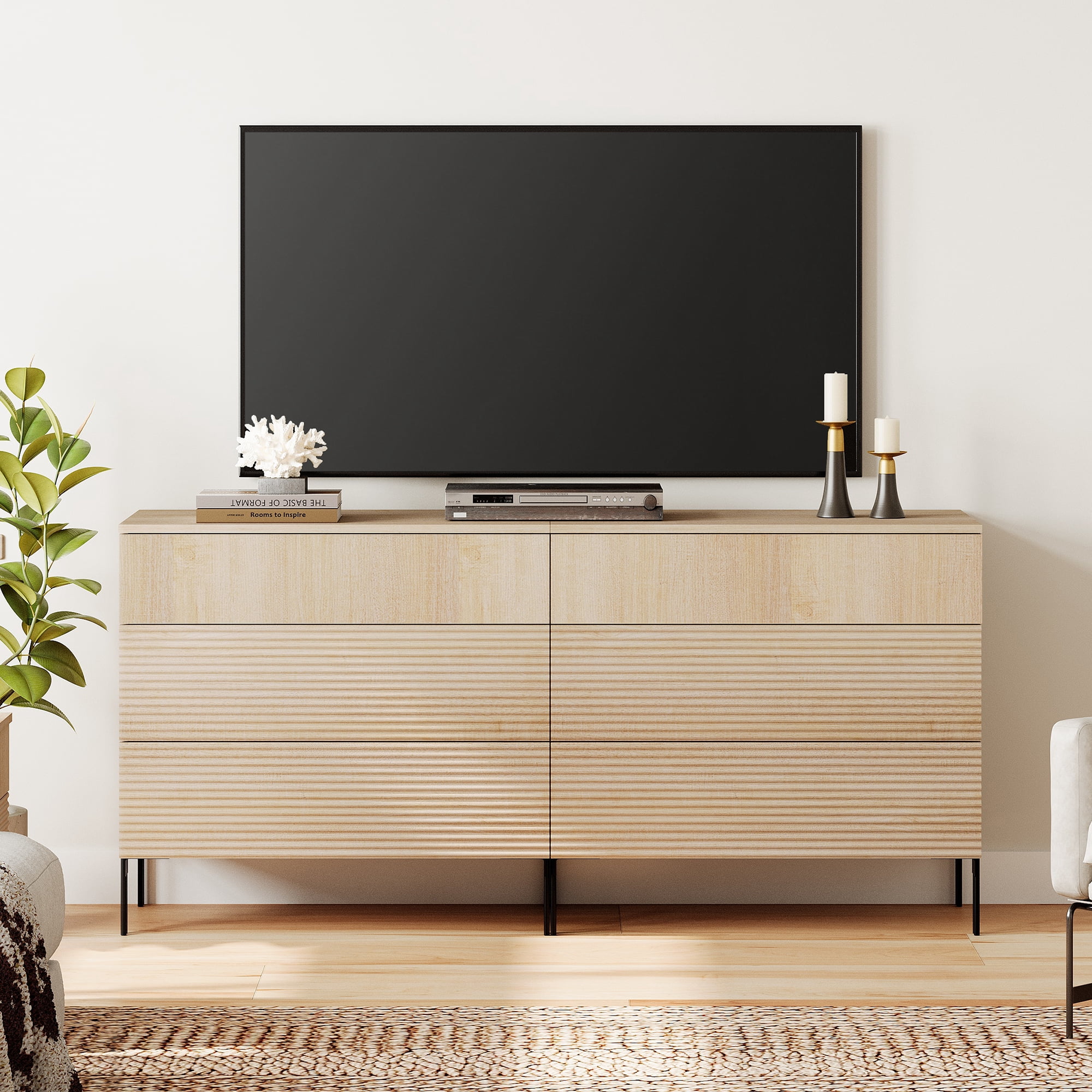 Modern 6 Drawer Dresser TV Stand for TVs up to 75 Inch, Reeded Entertainment Center, Wood TV Console with Storage for Living Room
