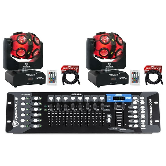 (2) Rockville Party Spinner LED RGBW Moving Head DJ Lights DMX Controller Cables