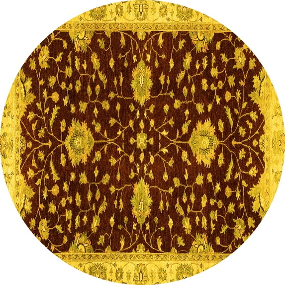 Ahgly Company Machine Washable Indoor Round Oriental Yellow Traditional Area Rugs, 6' Round