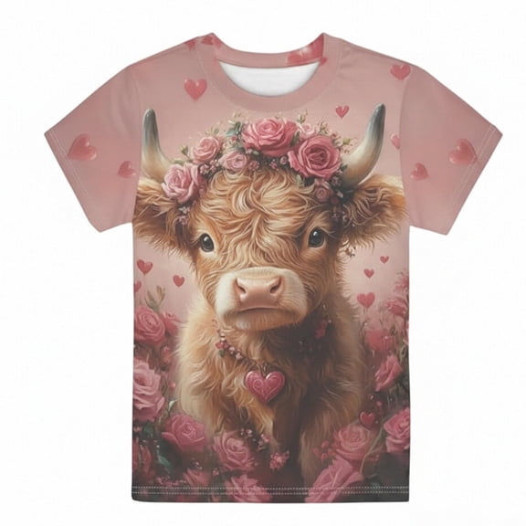 Hihipz Toddler Girls Graphic Tshirt Cartoon Cow Heart Print Short Sleeve Crewneck Lightweight Daily Tee