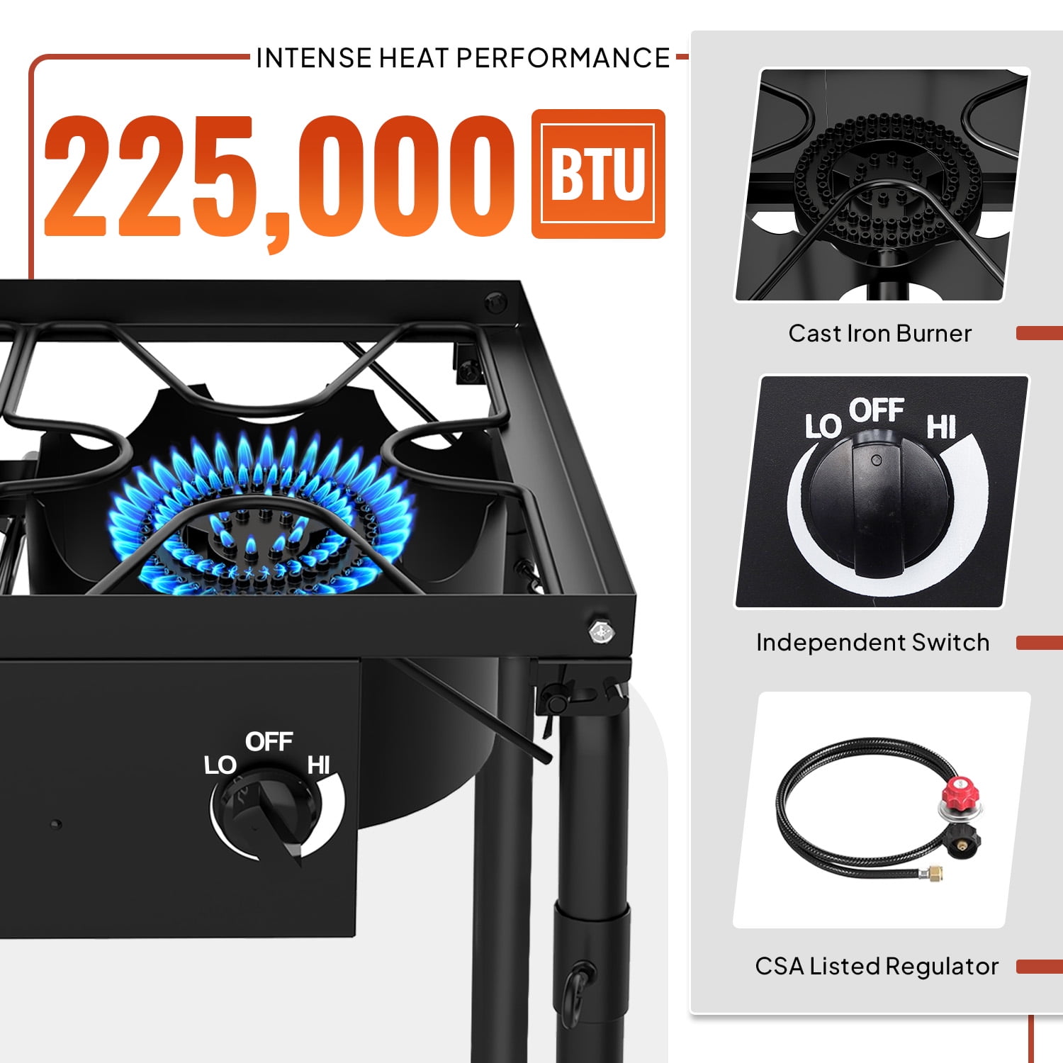 3 Burner Outdoor Camping Stove,20PSIG Regulator,225,000 BTU Propane Gas Stove with Windscreen & Side Table & Cover for Outdoor Cooking BBQ and Backyard Cooking