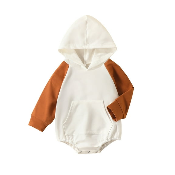 Zanarzt Baby Rompers Baby Boy Girl Spring Clothes Oversized Hooded Pullover Sweatshirt Romper Color Block Bodysuit Coffee,12-18 Months