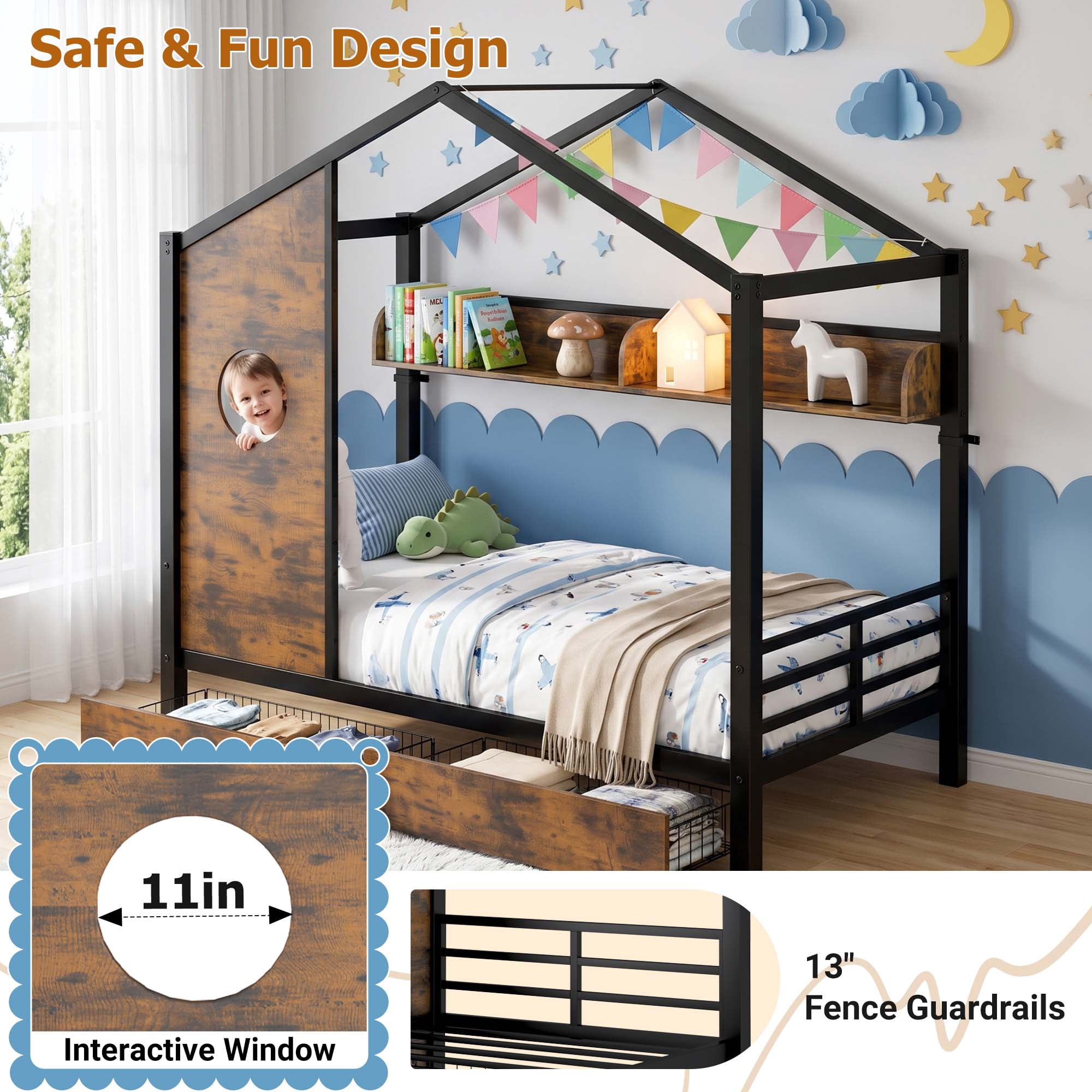 Miniyam Twin Size Metal House Bed with 2 Storage Drawers, Storage Shelf and Charging Station, Black