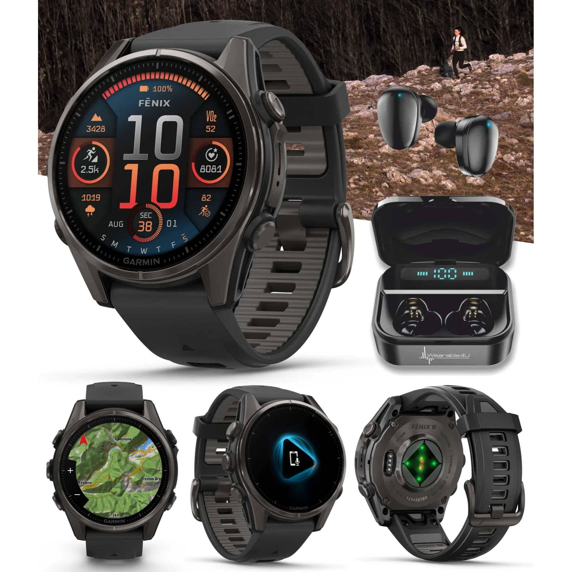 Garmin fenix 8 - 43 mm Sapphire, AMOLED, Carbon Gray DLC Titanium with Black/Pebble Gray Silicone GPS Smartwatch with Black Earbuds