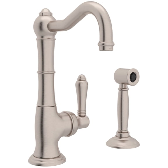 Rohl Italian Kitchen Cinquanta Single Hole Faucet In Satin Nickel With Single Side Metal Lever Sidespray And 9" Reach Swiveling Column Spout