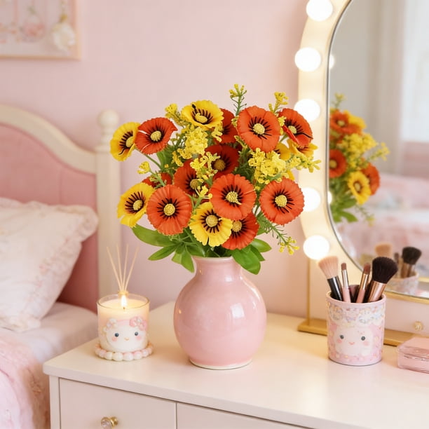Tallos de crisantemo artificial | Ramo pequeño de margaritas de plástico sintético | Arreglos florales decorativos de seda para centros de mesa de bodas y decoración del hogar