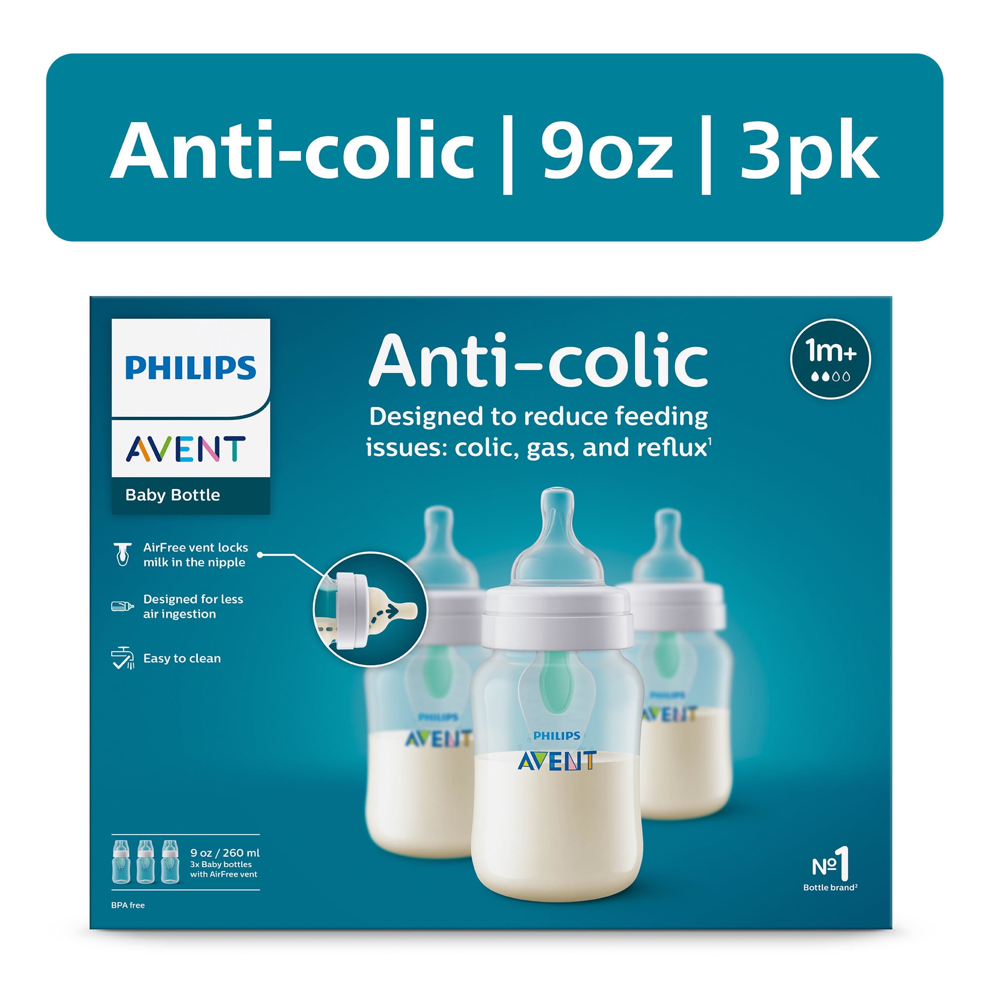 (3 pack) Philips Avent Anti-colic Bottle with AirFree Vent, 9oz, 3pk, Clear, SCY703/03