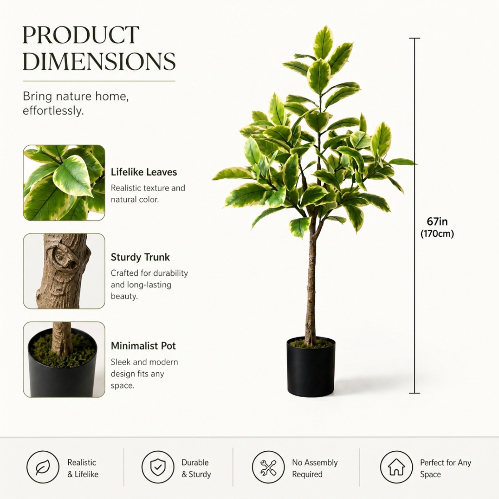 BEAUTYPEAK 5.6FT Artificial Plant Fake Indoor Rubber Tree Decorative Outdoor Greenery in Black Pot