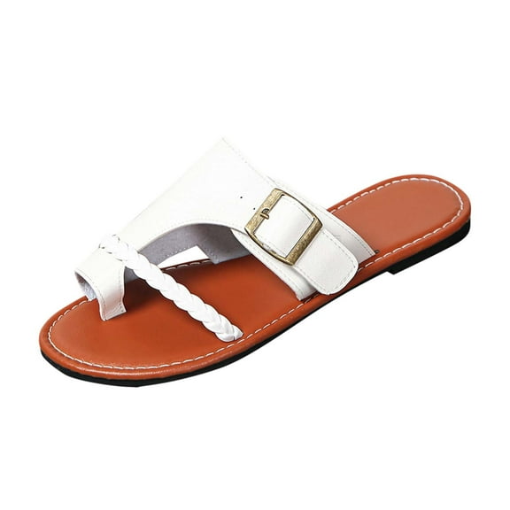 ShiShine Women's Braided Toe Post Slide Sandals with Buckle Accent Casual Chic Summer Everyday Sandals
